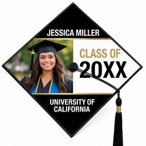 May include: A graduation cap design featuring a photo of a smiling graduate, the name "JESSICA MILLER", and the text "CLASS OF 20XX". The cap also includes the words "UNIVERSITY OF CALIFORNIA". The cap is black with gold accents.