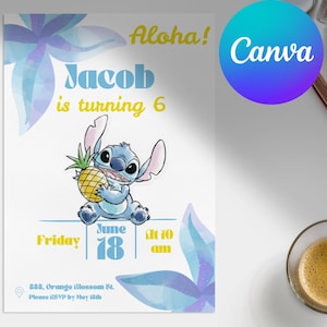 Tropische steek geïnspireerde verjaardagsuitnodiging, bewerkbare Canva-sjabloon voor een digitale Hawaiiaanse feestuitnodiging voor jongens.