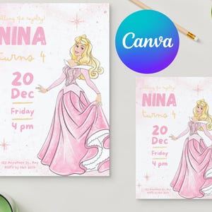 Aurora Princess Verjaardagsuitnodiging Bewerkbare Sjabloon Roze Koninklijk Feestmeisje Verjaardag Canva Direct Downloaden