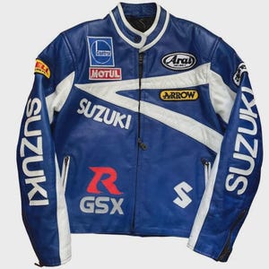 Chaqueta de cuero Suzuki Racing hecha a mano, equipo de motociclismo GSX Suzuki, ajuste personalizado, materiales de alta calidad, moda para motociclistas y deportes de motor, unisex.