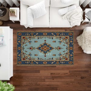 Elegant Oriental Floral Rug with Traditional Blue and Beige Medallion Pattern – Classic Area Carpet for Living Room, Bedroom or Offices