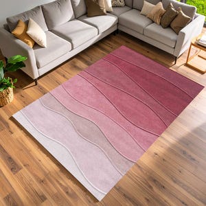 Modern Pink Ombre Area Rug, Wavy Gradient Floor Carpet For Bedroom Decor, Soft Rose Blush Living Room Rug For Minimal Interiors