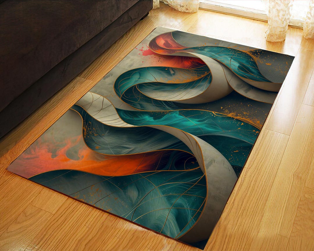 Abstract 3D Wave Area Rug, Teal and Orange Artistic Carpet - Etsy