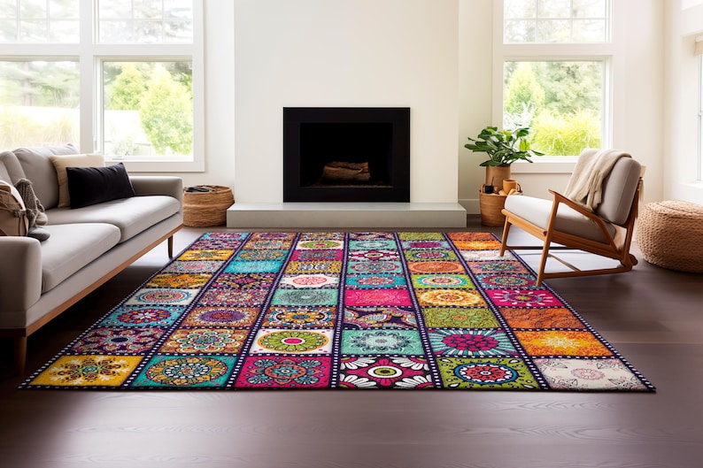 Colorful Mandala Tile Pattern Rug With Boho Geometric Design, Vibrant ...