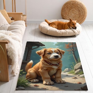 Adorable Puppy Rug – Cute Dog Art Carpet for Kids Room, Cozy Animal Pet Themed Floor Mat, Puppy Artwork Modern Home Décor