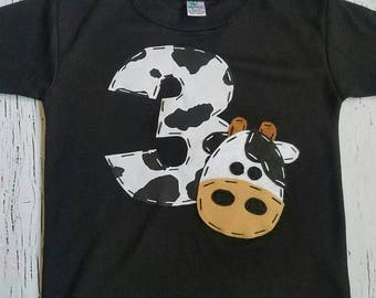 Cow birthday shirt // 3 barnyard birthday shirt //  two, horse, 2nd,  t shirt, barn yard, farm theme, boy black shirt