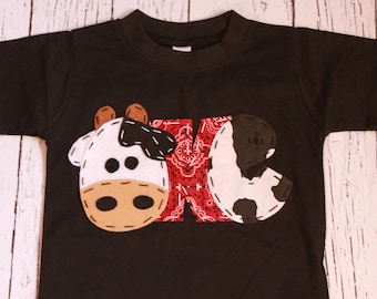 birthday shirt, one, cow, 1st,  t shirt, barnyard, farm theme, boy black shirt
