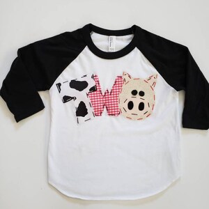Pig birthday shirt, petting zoo, two, pig, 2nd,  t shirt, barn yard, farm theme, boy girl barnyard, cow print, white, raglan top