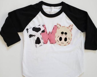 Pig birthday shirt, petting zoo, two, pig, 2nd,  t shirt, barn yard, farm theme, boy girl barnyard, cow print, white, raglan top