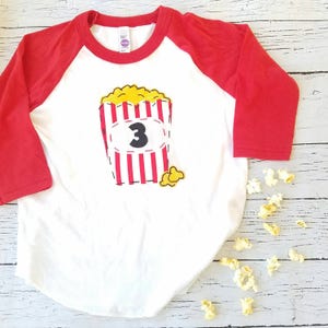 Popcorn shirt birthday shirt, circus party shirt, movie party tee, 3 three birthday shirt