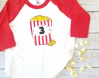 Popcorn shirt birthday shirt, circus party shirt, movie party tee, 3 three birthday shirt