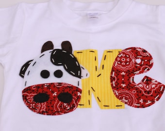 First Birthday Farm Shirt: Handmade Cow Applique, Barnyard Theme
