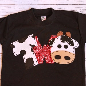 barnyard birthday shirt, two, cow, 2nd, t shirt, barn yard, farm theme, boy black shirt image 1