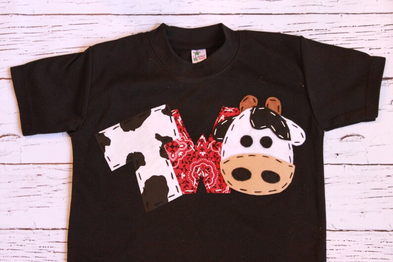 barnyard birthday shirt, two, cow, 2nd, t shirt, barn yard, farm theme, boy black shirt image 1
