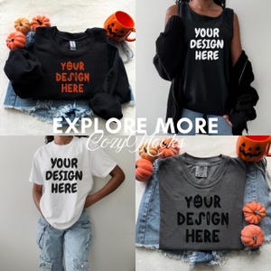 Puede incluir: Una colecci&oacute;n de camisetas y camisetas sin mangas negras, blancas y grises, cada una con el texto "YOUR DESIGN HERE" en negrita. La imagen incluye calabazas decorativas y una taza de Jack-o'-Lantern, lo que sugiere un tema de Halloween. Tambi&eacute;n se ve el texto "EXPLORE MORE Cozy Mocks".