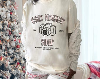 Ivory Christmas Mockup Comfort Colors 1717 Model Mockup Comfort Colors Ivory Mockup Holiday Mockup Christmas CC1717 Mockup Real Model Mockup