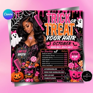 Puede incluir: Un folleto de peluquería con temática de Halloween que muestra a una persona con cabello largo y oscuro, peines rosas, fantasmas y calabazas. El texto dice TRICK OR TREAT YOUR HAIR, OCTOBER BOOKINGS AVAILABLE y enumera servicios de peluquería.