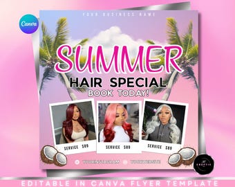 Summer Hair Specials Flyer Design DIY Summer Sale Wig Install Flyer Template Summer Bookings Book Now Editable Canva Template Braids Flyer
