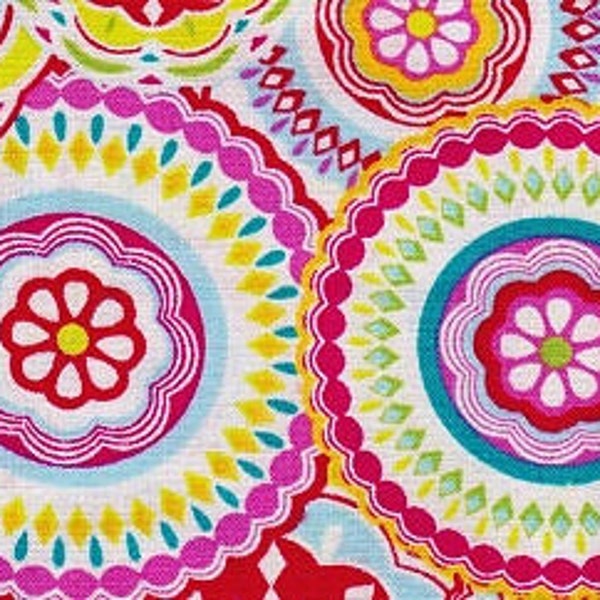 Floral Circles Red  Pink Lime Aqua navy  Modern Apparel Designer  Cotton fabric by the yard.