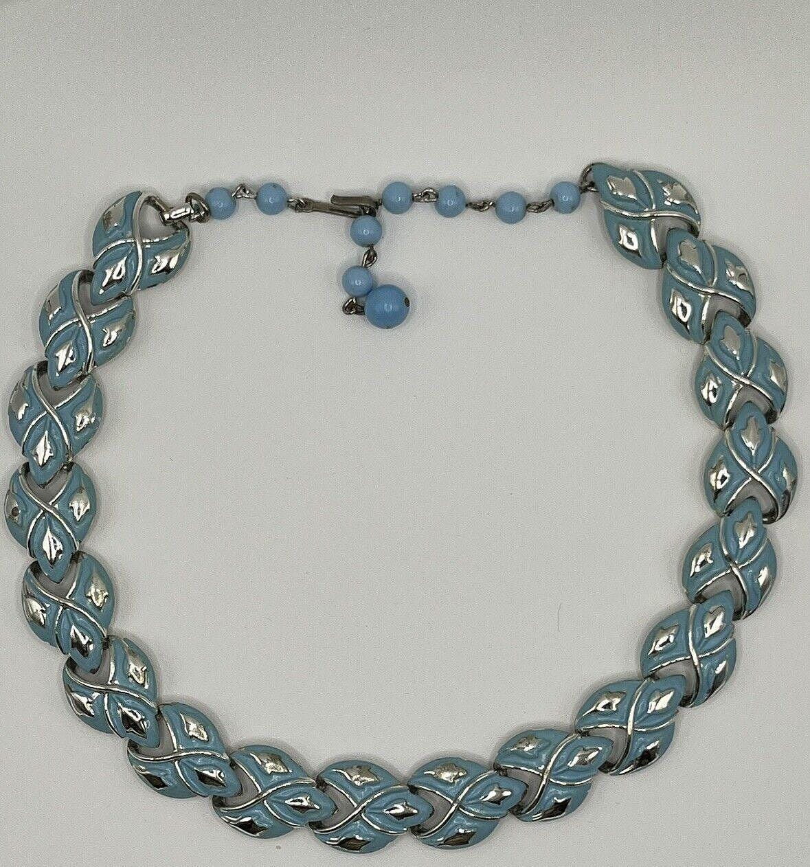 Coro Vintage Light Blue Enameled Silver tone Necklace Choker Adjustable Length