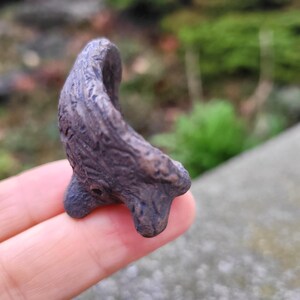 May include: A small, dark brown, curved sculpture, possibly a claw or horn. The object has a textured surface and is held in a person's hand. The background is blurred, with green foliage visible.