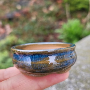 May include: A small, handcrafted ceramic bonsai pot. The pot has a rounded shape with a dark brown base and a glossy, blue and gold glazed interior and exterior. The rim is a darker brown. The pot is held in a hand.