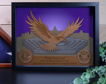 16x20 in Custom Military Retirement Shadow Box, Eagle and Pentagon Leadership Plaque, Personalized Officer or NCO Farewell Gift