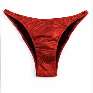 May include: A pair of red underwear with a shiny, satin-like finish. The underwear has a low-rise cut and a simple design, with a focus on the fabric's texture and color. The garment is displayed against a plain white background.