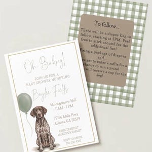 May include: Baby shower invitation with the text "Oh Baby!" and details for Baylee Fields' shower. Features a watercolor illustration of a dog and a green balloon. Includes RSVP information and registry details.
