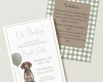May include: Baby shower invitation with the text "Oh Baby!" and details for Baylee Fields' shower. Features a watercolor illustration of a dog and a green balloon. Includes RSVP information and registry details.