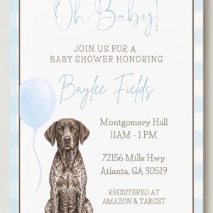 May include: Baby shower invitation with a watercolor-style blue and white checkered border. The invitation features the text "Oh Baby!" and "Baylee Fields". A brown and white dog illustration is included, along with event details.