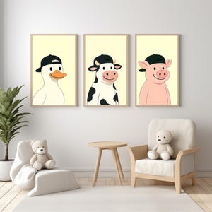 Minimalistische Tier Wandkunst für Kinderzimmer - Schwein, Kuh, Löwe, Bär, Ente Kinderzimmer Poster mit rotem Hut - Modernes Baby Dekor