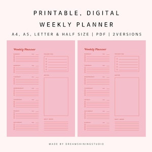 Planificador semanal imprimible, agenda diaria minimalista, lista de tareas, organizador digital, tamaño carta A4/A5, descarga instantánea, PDF personalizado.