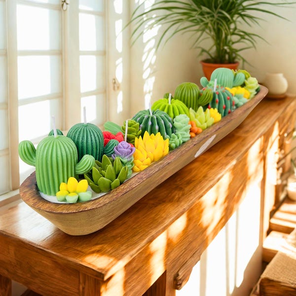 Cactuskaars in houten kom | Handgemaakte luxe sojawas cadeau voor haar, woondecoratie