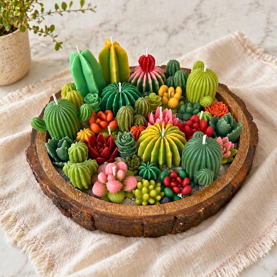 Miniature succulent-like cactus figures are hand-carved directly into the wooden bowl that holds the candle — it's a terrarium-inspired candle you'd actually display.