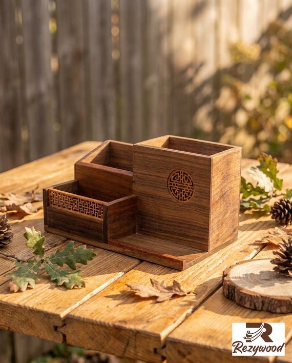 A beautifully handcrafted solid North American Black Walnut stationery caddy — the kind of heirloom-quality desk piece that makes cheap plastic organizers look embarrassing.
