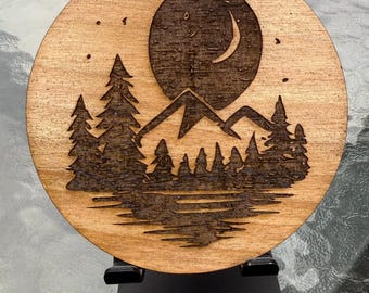 Laser Engraved Wood Coasters – Rustic Mountain Scene, Customizable Gift