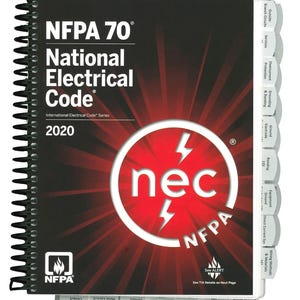 May include: A spiral-bound book titled "NFPA 70 National Electrical Code 2020." The cover is black with red accents and features the "nec" logo inside a red circle with lightning bolts. The book has labeled tabs for easy navigation.
