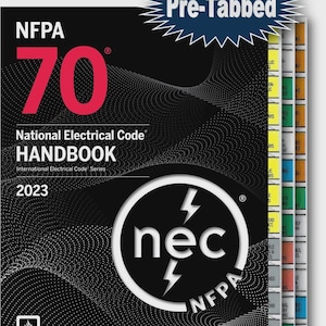 May include: A black and white "NFPA 70 National Electrical Code Handbook 2023" with pre-tabbed pages. The cover features the number 70 in red, the "nec" logo, and the NFPA logo.
