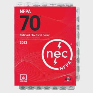 May include: A red and white NFPA 70 National Electrical Code 2023 book. The cover features the number 70 in large black font, the text "National Electrical Code", and the "nec" logo. The book has labeled tabs.