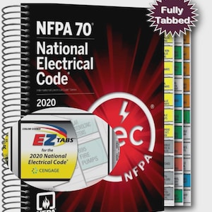 May include: The 2020 National Electrical Code book with EZ Tabs for color-coded organization. The cover is black and red with white text and a spiral binding. The tabs are labeled and color-coded for easy reference.