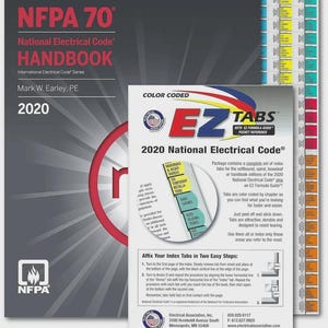 May include: The 2020 National Electrical Code Handbook and EZ Tabs set. The handbook is black and gray with red accents, and the tabs are color-coded for easy reference. The set includes instructions for affixing the tabs.