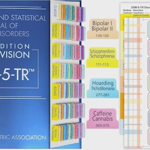 May include: A blue book titled "Diagnostic and Statistical Manual of Mental Disorders, 5-TR" with color-coded tabs. The tabs list various disorders, including Bipolar I & II, Schizophrenia, Hoarding, and Caffeine Cannabis. The book is published by the American Psychiatric Association.