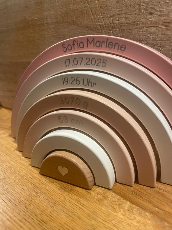 Personalisierter Holz-Regenbogen mit Geburtsdaten – Babygeschenk, Geburtsgeschenk, Taufgeschenk
