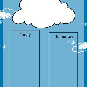 May include: A blue and white Brain Dump notepad with a cloud-shaped space for notes. The notepad has two rectangular sections labeled "Today" and "Tomorrow", with decorative stars and clouds. The title "Brain Dump" is at the top.