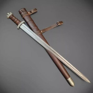 Handmade Damascus Steel Viking Style Sword Three Lobed Design Sword with Leather Sheath Collectible Decorative Gift for Him Father,