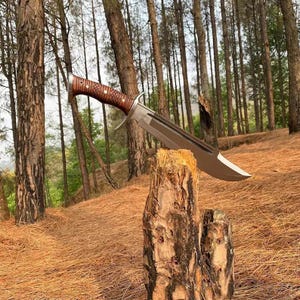 May include: A large, stainless steel knife with a curved blade and a wooden handle. The knife is resting on a tree stump in a forest setting, surrounded by tall trees and fallen pine needles.
