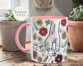Taza personalizada para mamá • Taza floral 3D con nombres de niños • Regalo para el Día de la Madre • Regalo para abuela, madrina o tía • Hasta 6 nombres