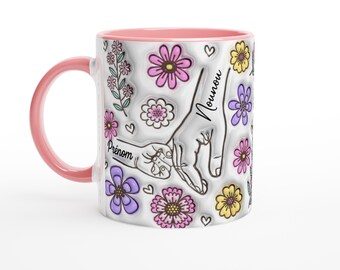 Taza personalizada para niñera – Taza de agradecimiento para niñera de fin de año – Regalo para cuidadora de niños – Taza con efecto de flor 3D – Huella de mano de niño y adulto