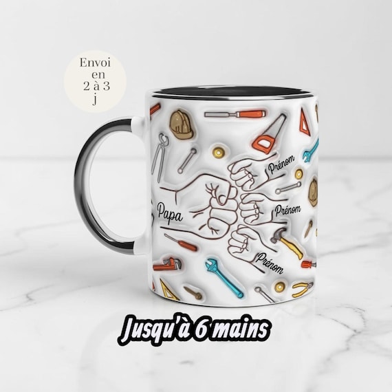 Mug Fête des Pères personnalisé – Papa Bricoleur – Effet 3D visuel – Jusqu’à 8 enfants – Tasse céramique- Cadeau papa original